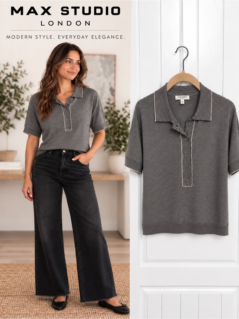 Max Studio Gray Knit Collared Button Front Top